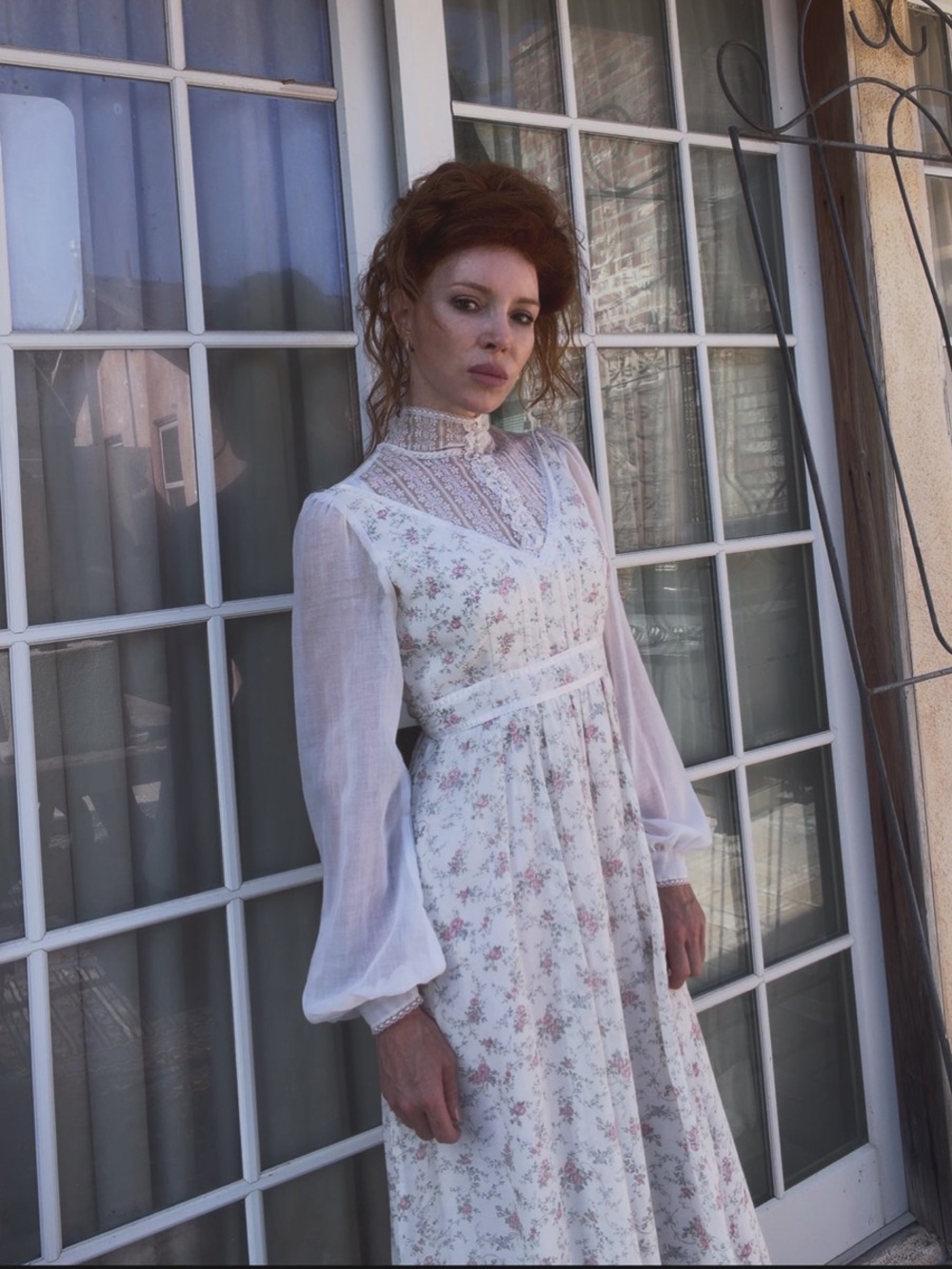 Gunne Sax Rose Midi Long Sleeve White Floral Dress with Lace Yoke
